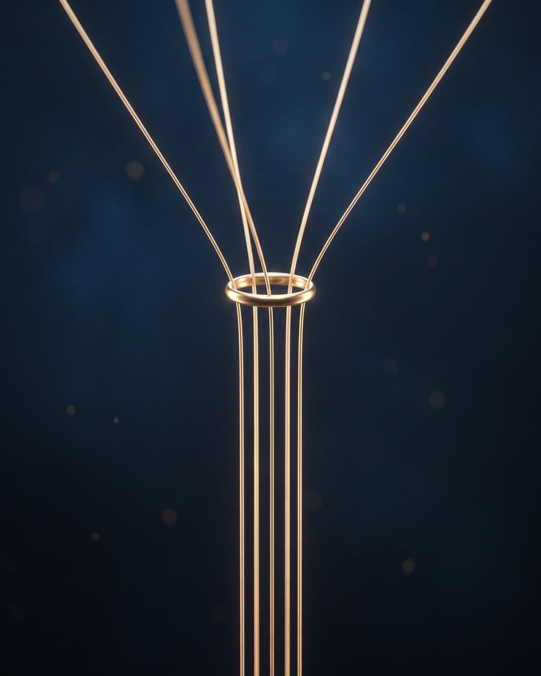 Five gold threads drawn through a single ring and falling into line.