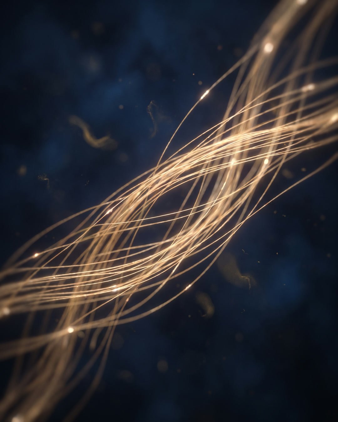 Loose gold threads tangled together, softly lit against midnight navy.